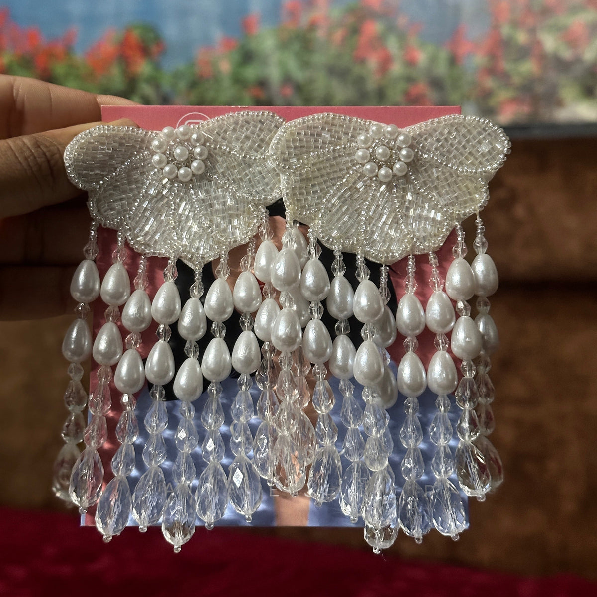 White Beaded Flower Pearl Drop