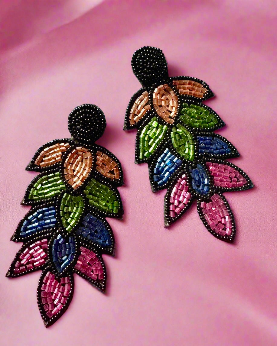 Multicoloured Long Beaded Leaf Earing