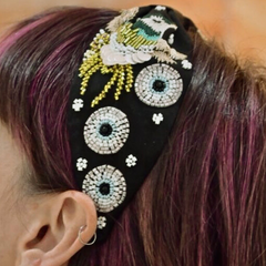 Beaded black bird evil eye headband